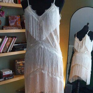 FUNDAISY Tassel Fringe Flapper Bodycon Mini Dress- Beige Nude and White